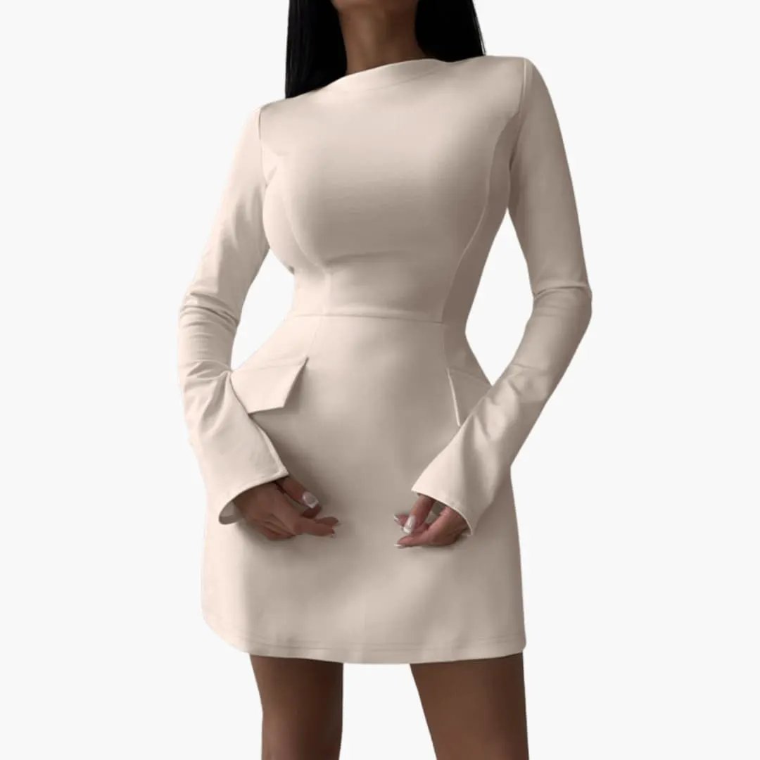 Women’s mini dress, beige with a fitted waist and wide sleeves