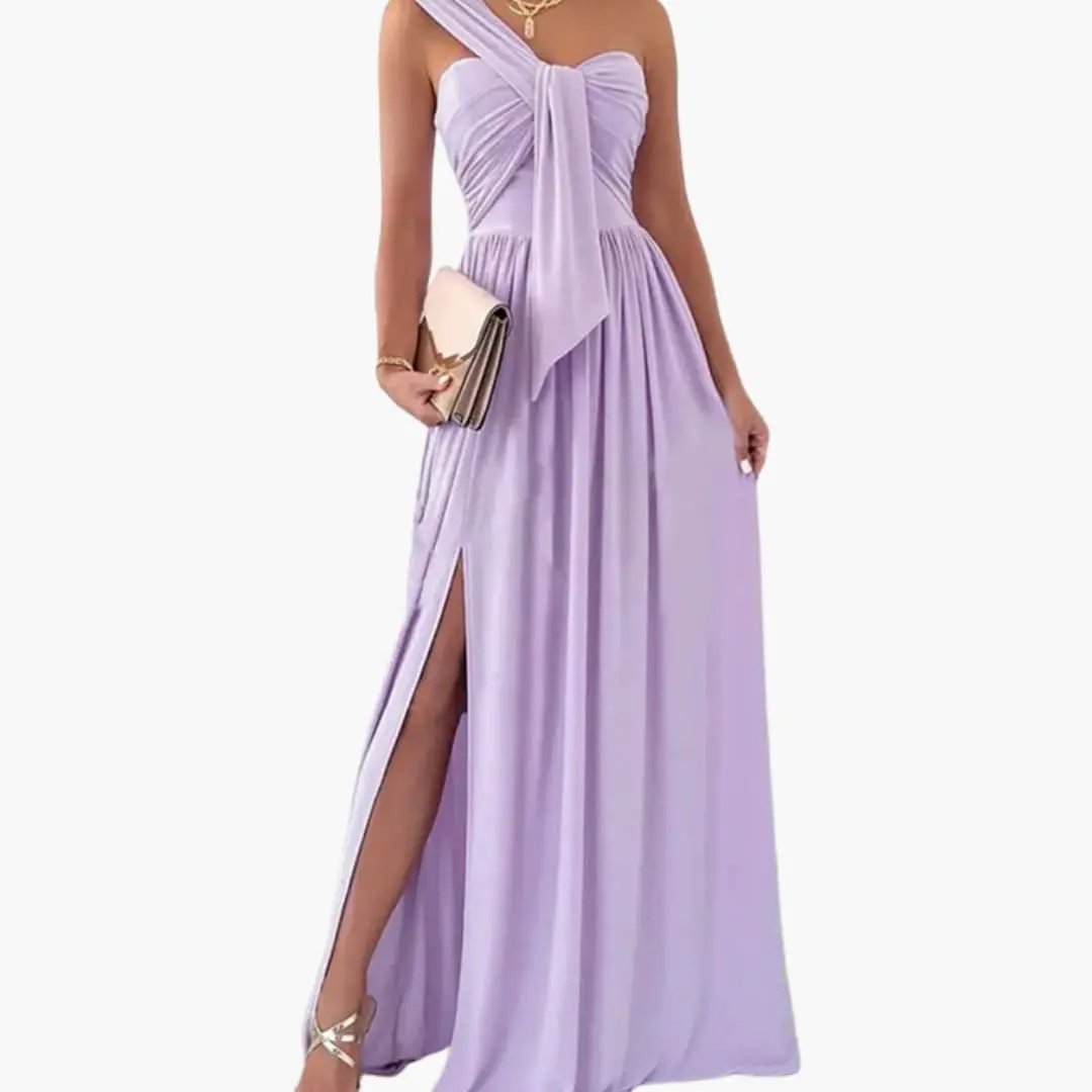 Wilfred Smith Women’s one-shoulder lavender floor-length dress with an asymmetrical hem and thigh-high slit