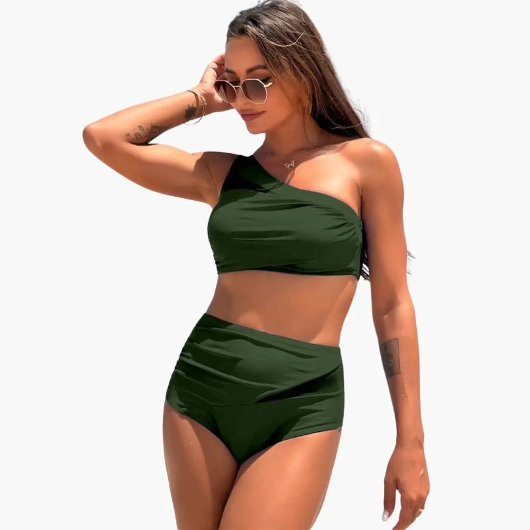 Women's one-shoulder high-waisted bikini set in dark green with an asymmetric top and high-rise bottoms.