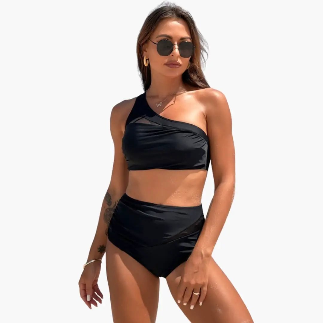 Women's One-Shoulder High-Waisted Bikini Set in black by Wilfred Smith, classic bikini style.