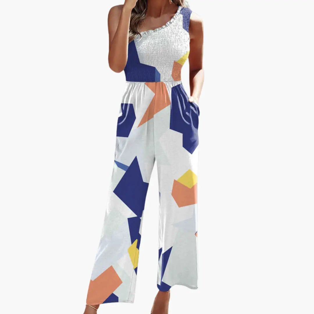 Women’s One-Shoulder Wide-Leg Jumpsuit by Wilfred Smith in abstract blue, orange, yellow color-block print.
