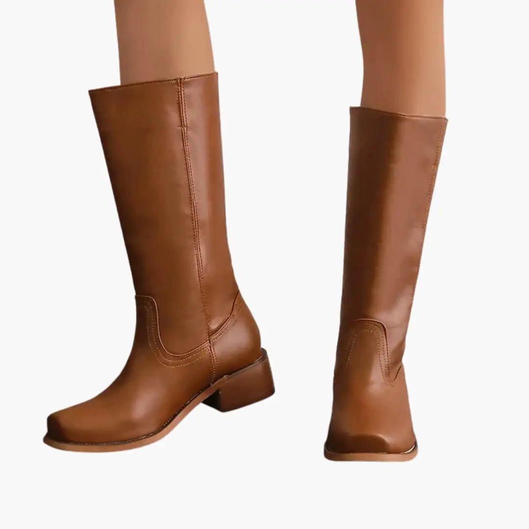 Pair of Wilfred Smith women's orthopedic knee-high boots in brown leather with a block heel