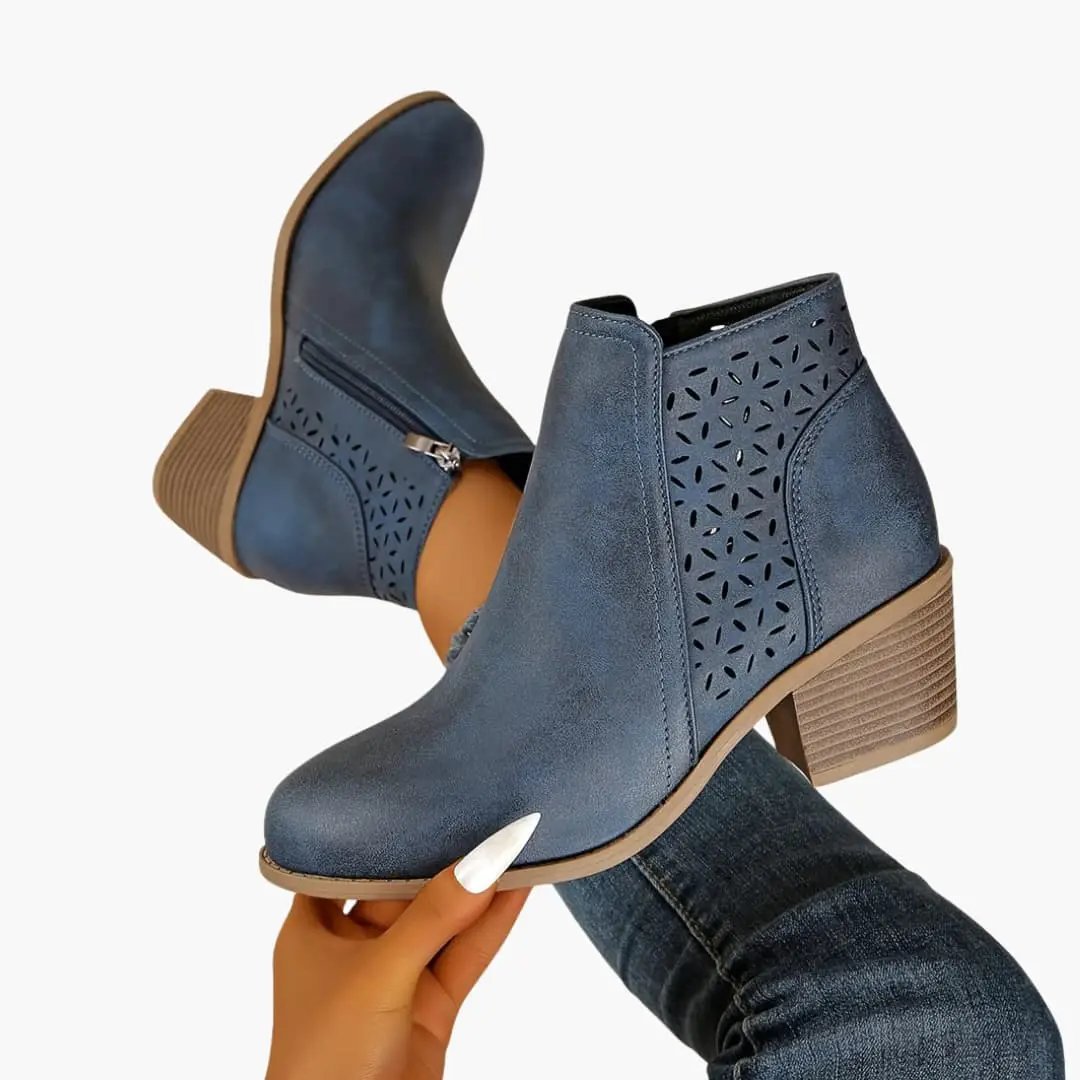 Wilfred Smith women's orthopedic blue ankle boots with laser-cut detailing and non-slip sole