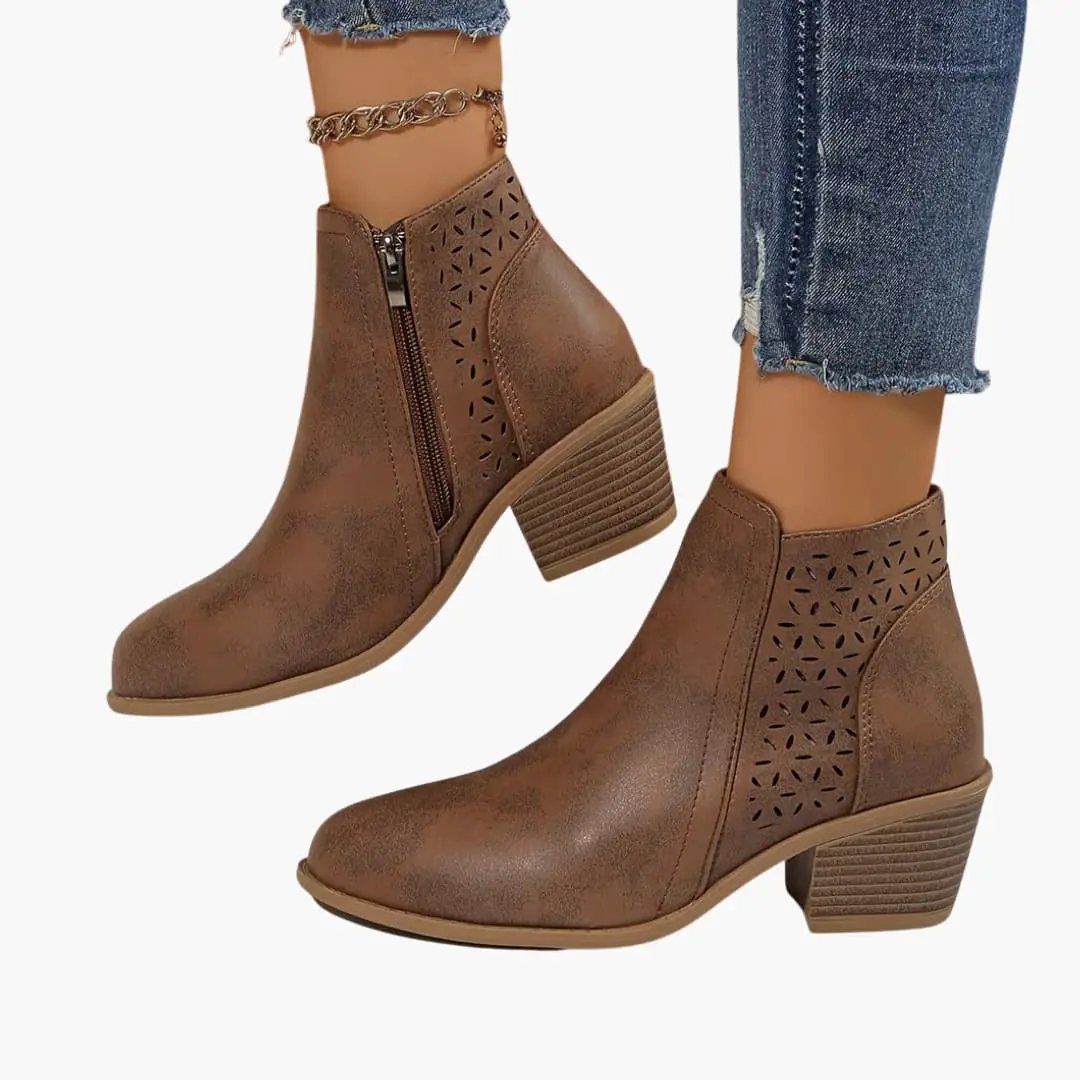 Women's orthopedic ankle boots, brown suede with laser-cut side panels and a side zipper, low block heel