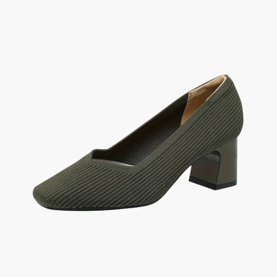 Women's orthopedic heeled pump by Wilfred Smith with cushioned sole and arch support, olive ribbed fabric