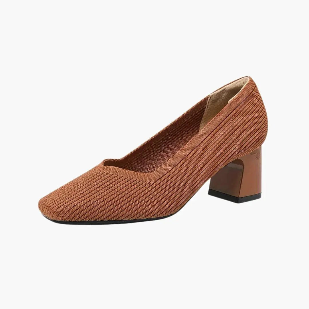 Women's orthopedic heels with cushioned sole and arch support in brown knit fabric with a mid-height block heel.