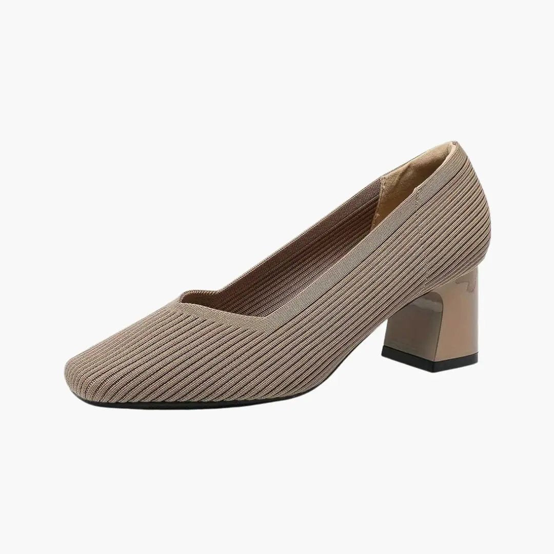 Wilfred Smith women's orthopedic heels with cushioned sole and arch support, taupe striped upper, block heel.