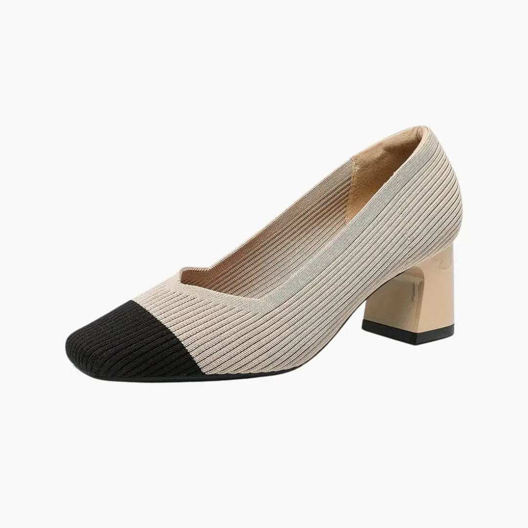 Women's orthopedic heels with cushioned sole and beige knit upper, black toe cap, block heel by Wilfred Smith