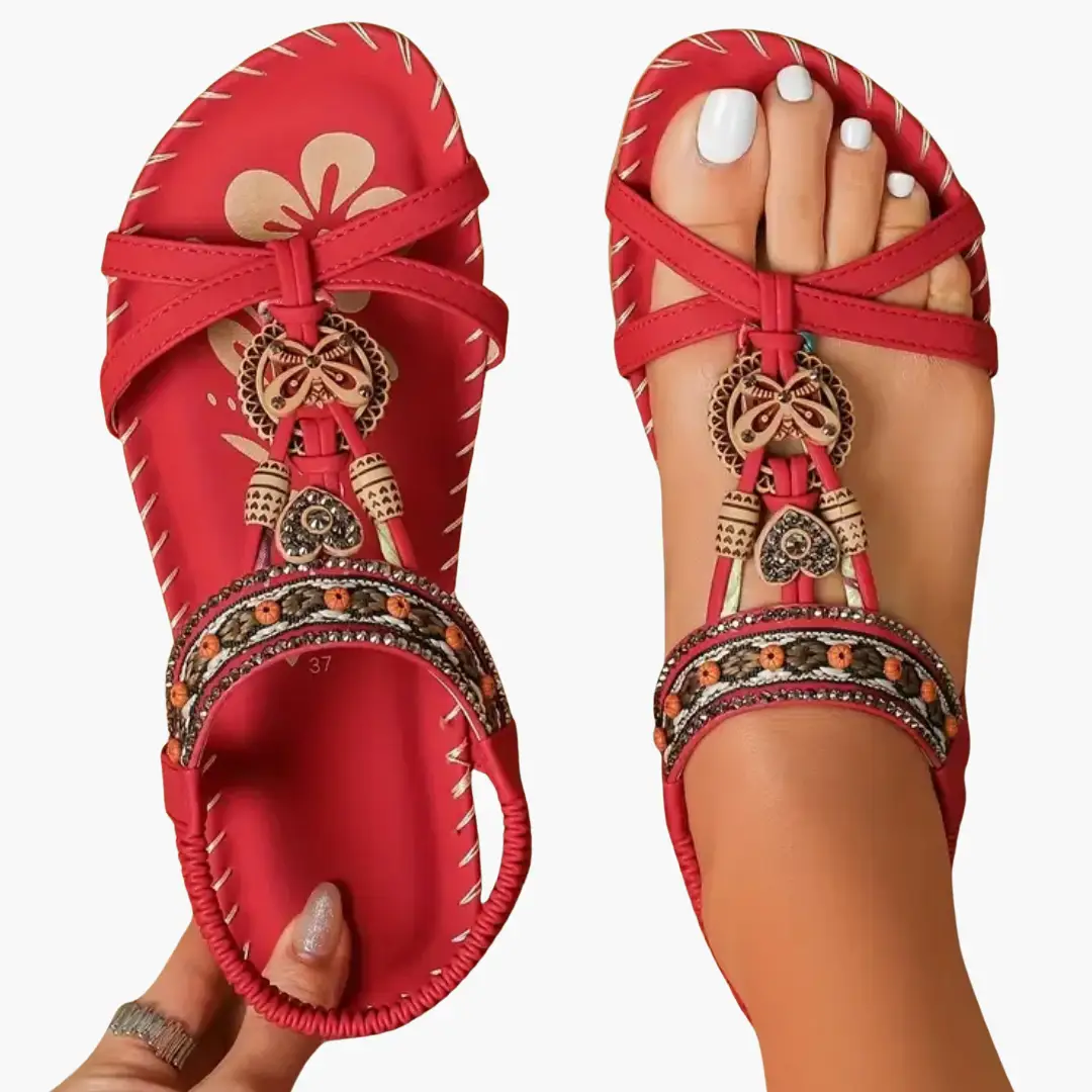 Women's orthopedic sandals in red with decorative beaded straps and supportive sole by Wilfred Smith