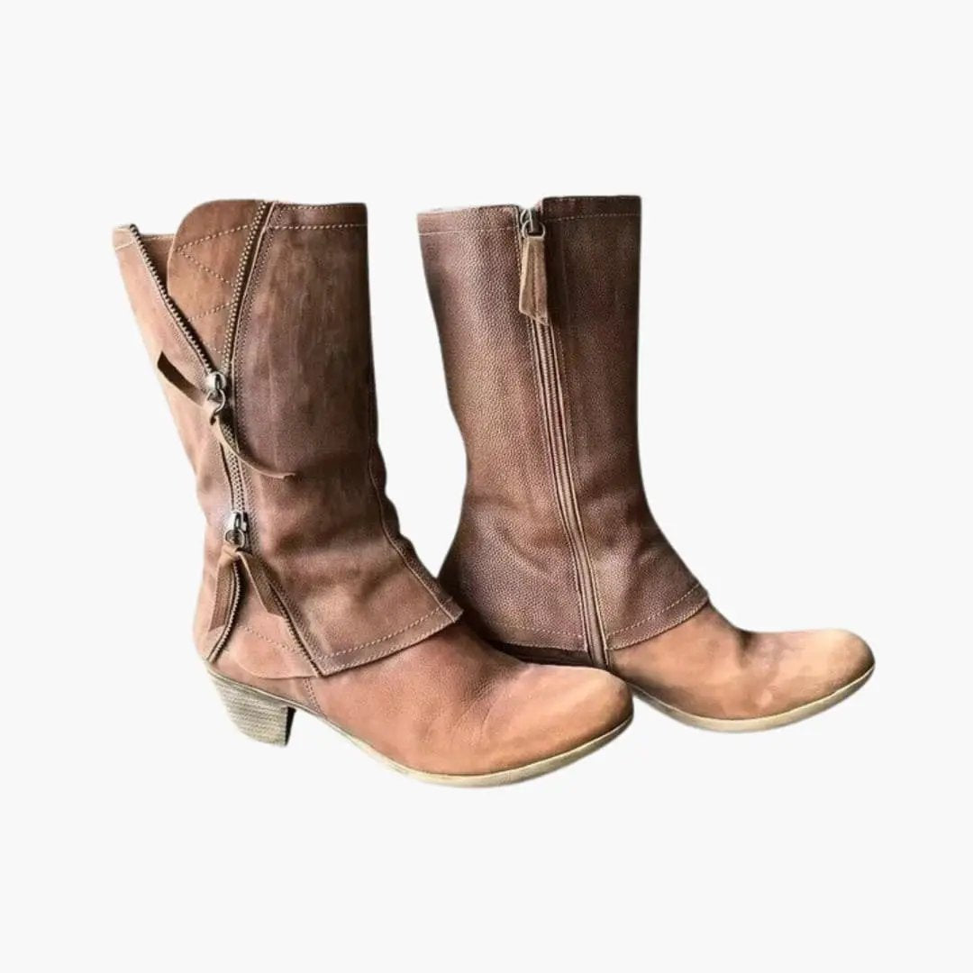 Pair of women's orthopedic boots in brown leather with structured sole, pull tabs and side zipper
