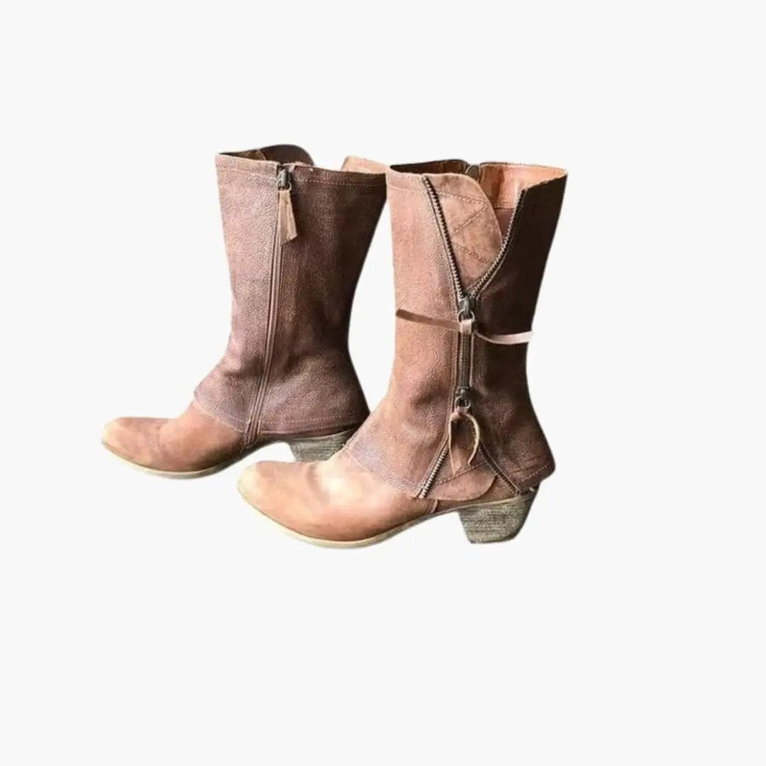 Pair of women's orthopedic boots in two-tone brown suede with a structured sole and pull tabs
