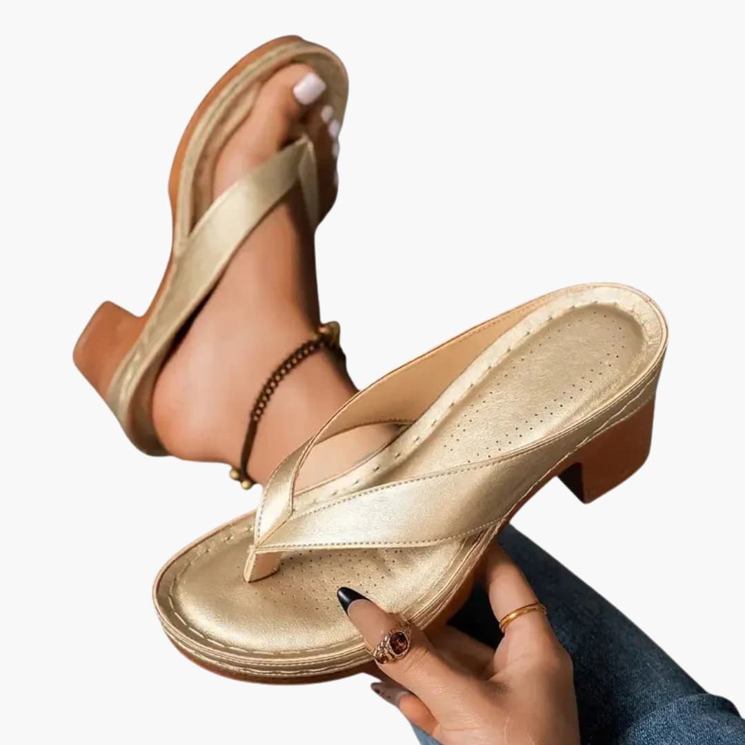 Women's orthopedic sandals with contoured footbed and textured sole, gold metallic, Wilfred Smith Shoes