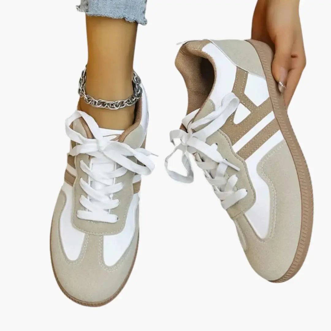 Women's orthopedic sneakers beige and white with white laces