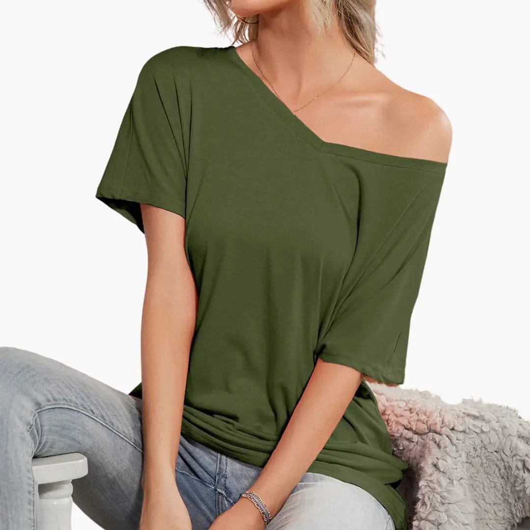 Women's T-Shirt olive green oversized short sleeve with asymmetrical hem by Wilfred Smith
