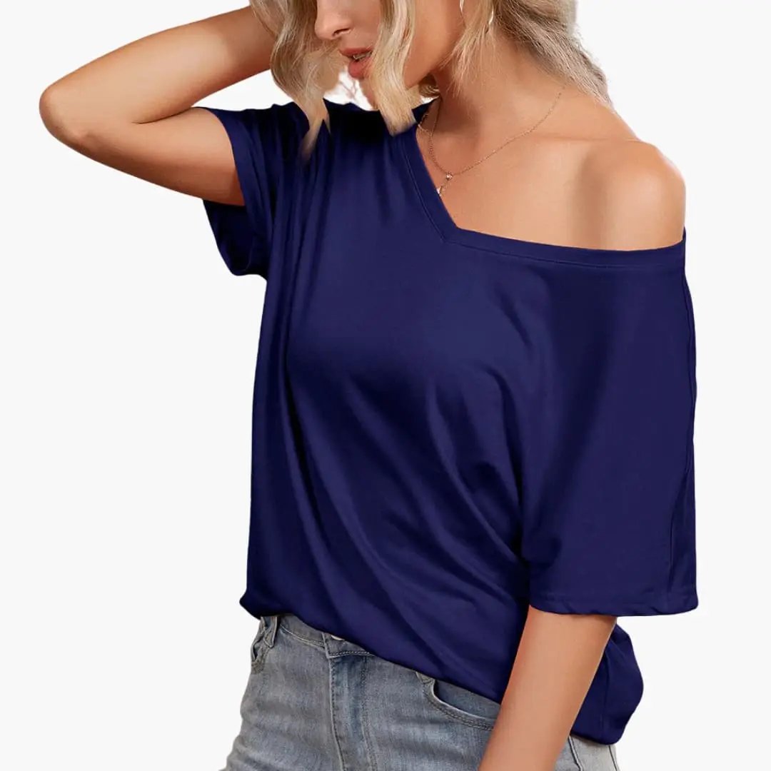 Women's navy oversized one-shoulder short-sleeve T-shirt with relaxed fit