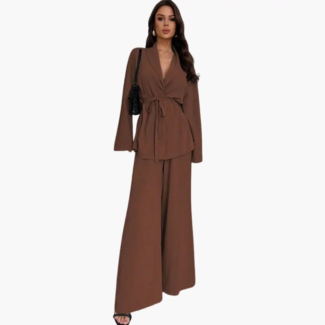 Women’s Oversized Wide-Leg Jumpsuit with Waist Belt in brown, long sleeves, one-piece.