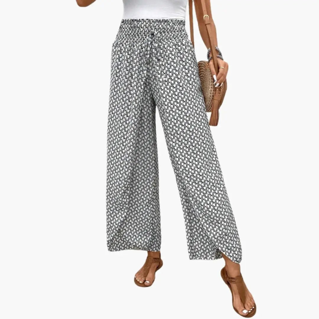 Women’s Palazzo Pants with Elastic Waistband by Wilfred Smith in a black-and-white printed pattern.