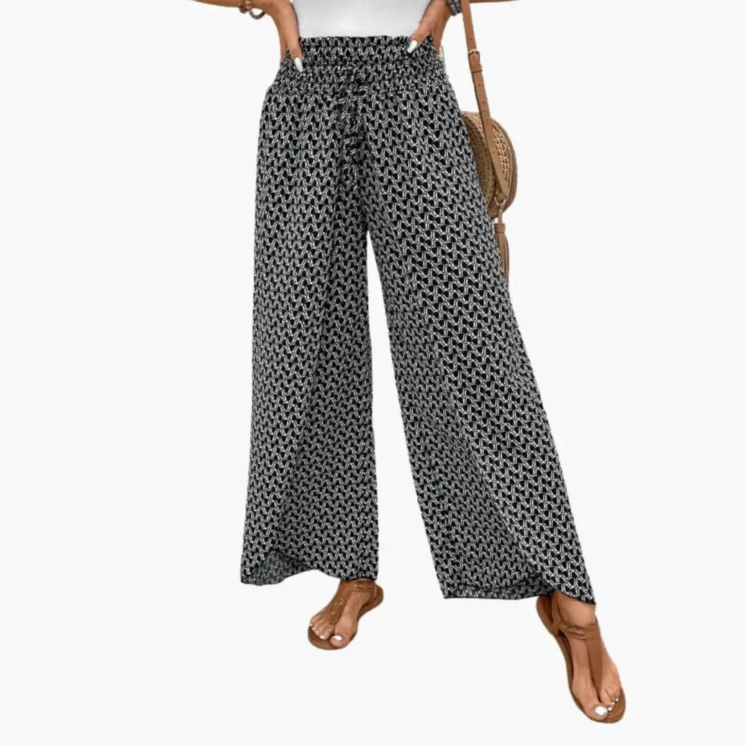 Women's Palazzo Pants by Wilfred Smith, elastic waistband, black-and-white geometric print, wide-leg.