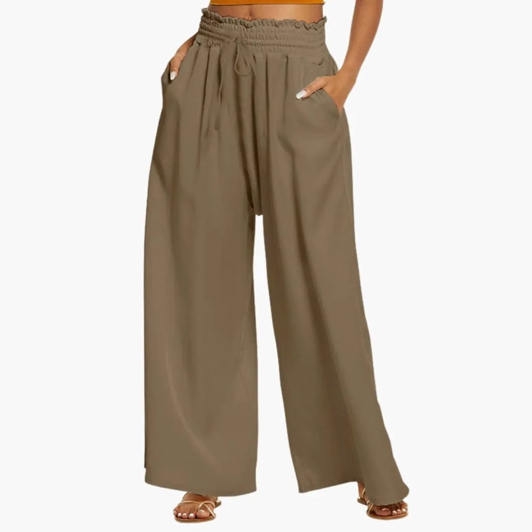 Women's Palazzo Pants with Elastic Waistband and Side Pockets in olive, wide-leg trousers