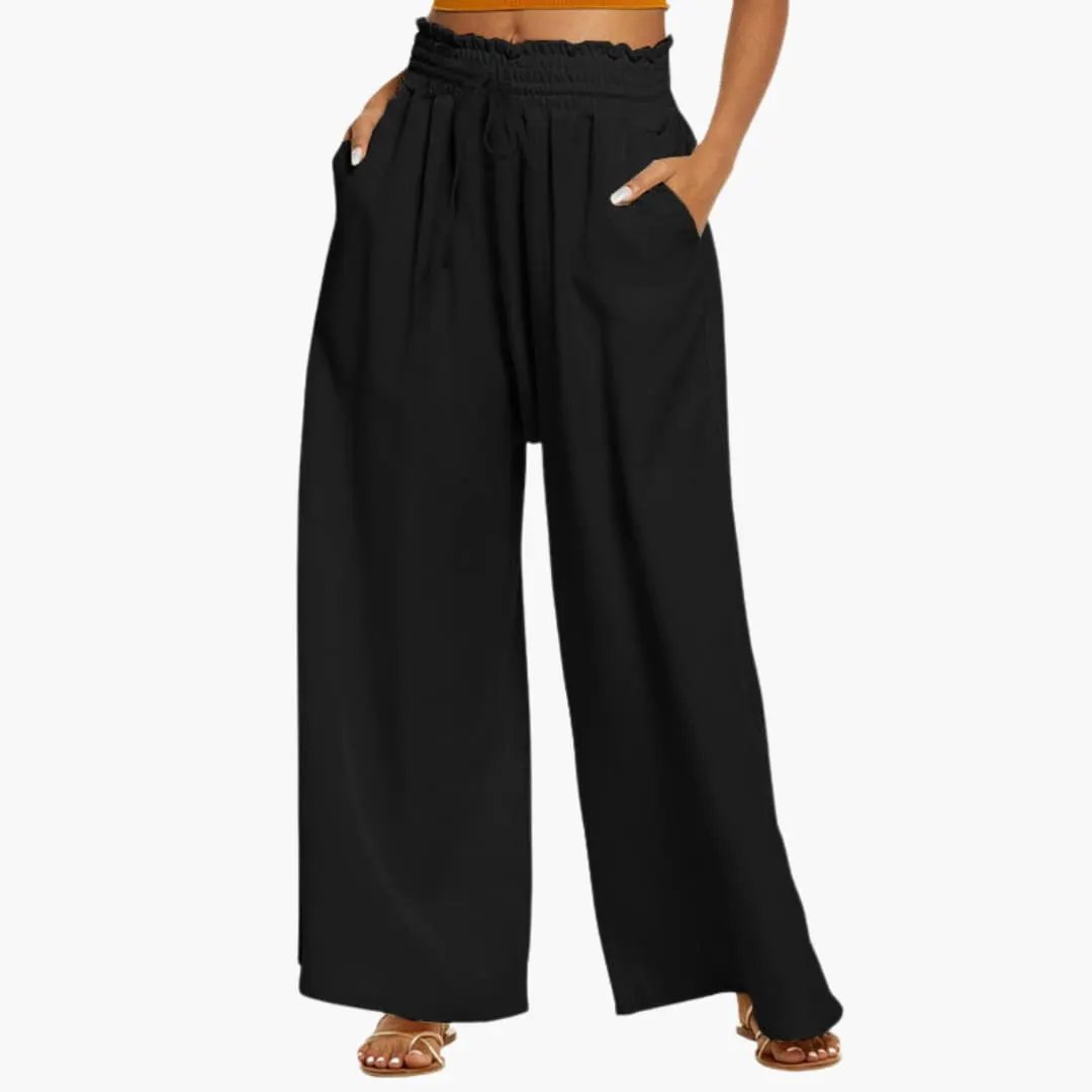 Women’s Palazzo Pants with Elastic Waistband and Side Pockets, black wide-leg trousers