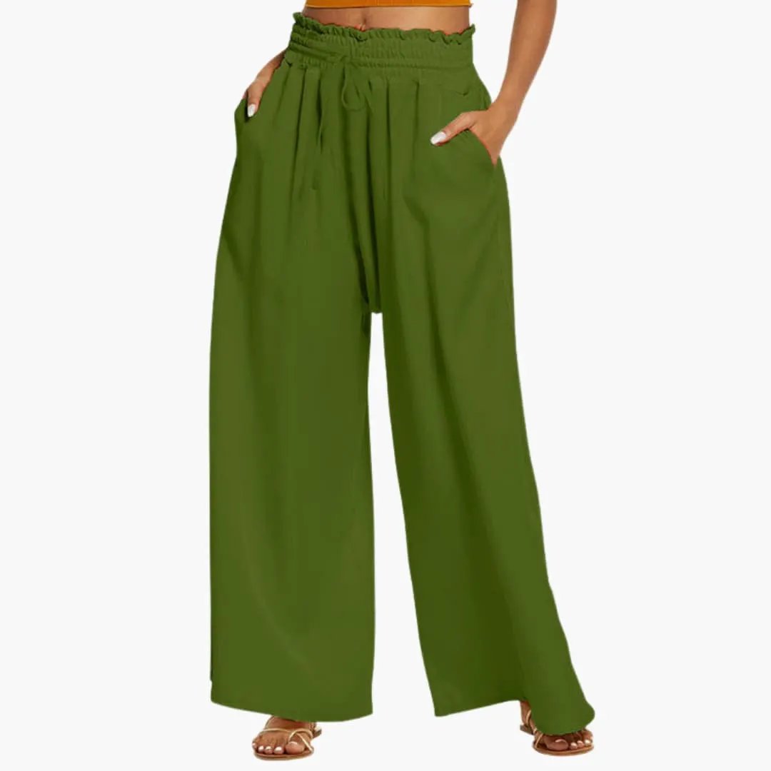 Women’s Palazzo Pants by Wilfred Smith in olive green with elastic waistband and side pockets