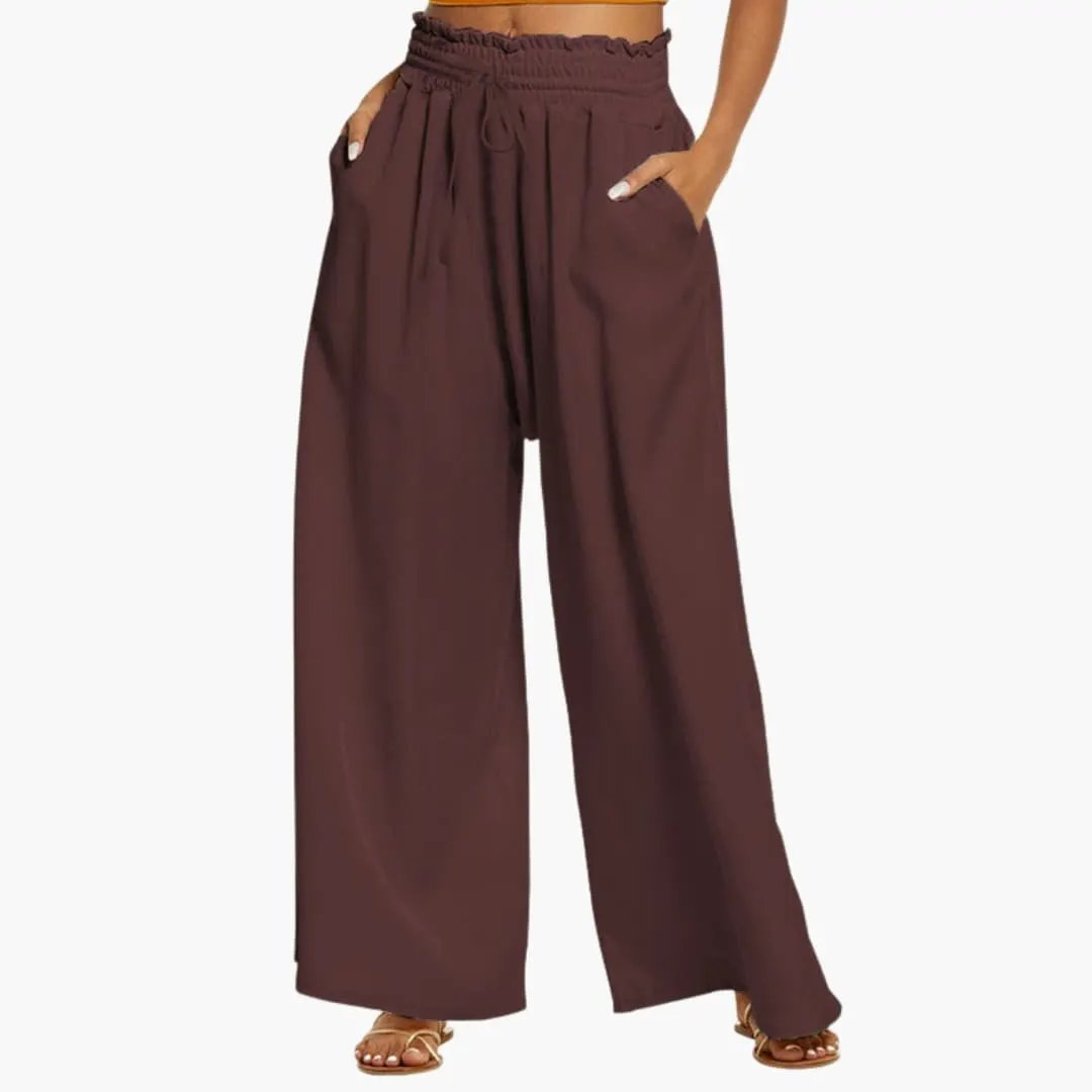 Women’s Palazzo Pants with Elastic Waistband and Side Pockets, burgundy wide-leg trousers
