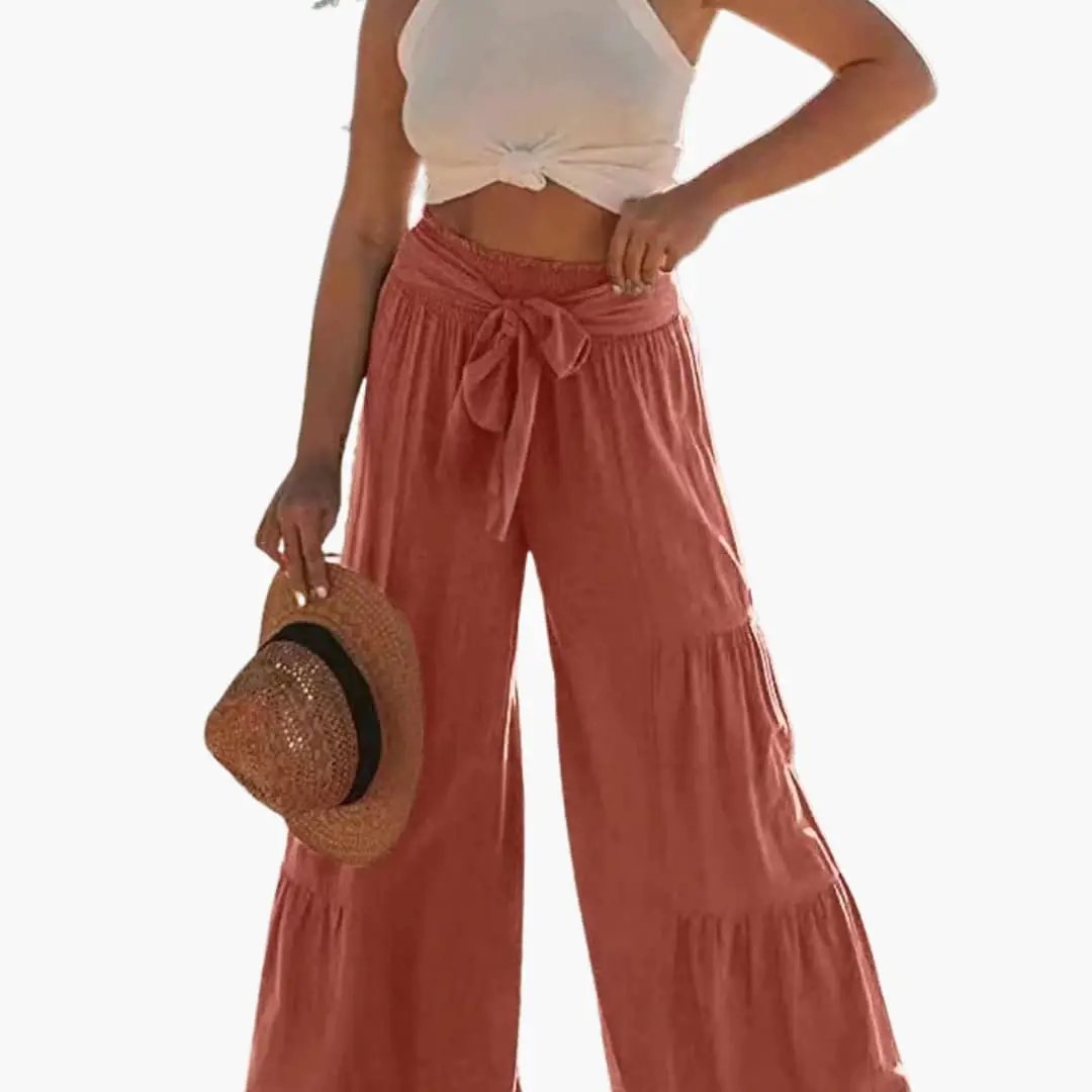 Wilfred Smith Women’s Palazzo Pants with elastic waistband and tie belt, coral pink wide-leg trousers