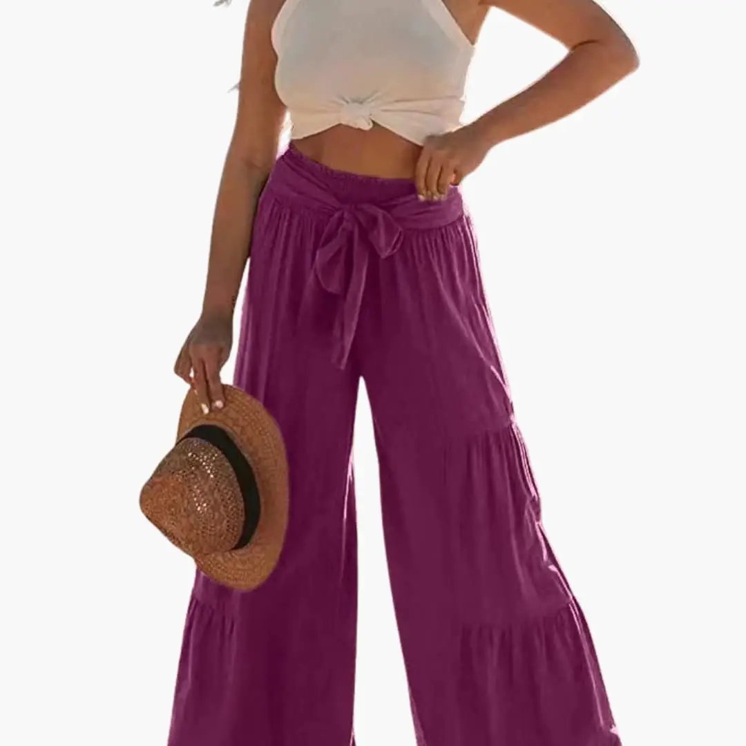 Women's Palazzo Pants, magenta wide-leg with elastic waistband and tie belt