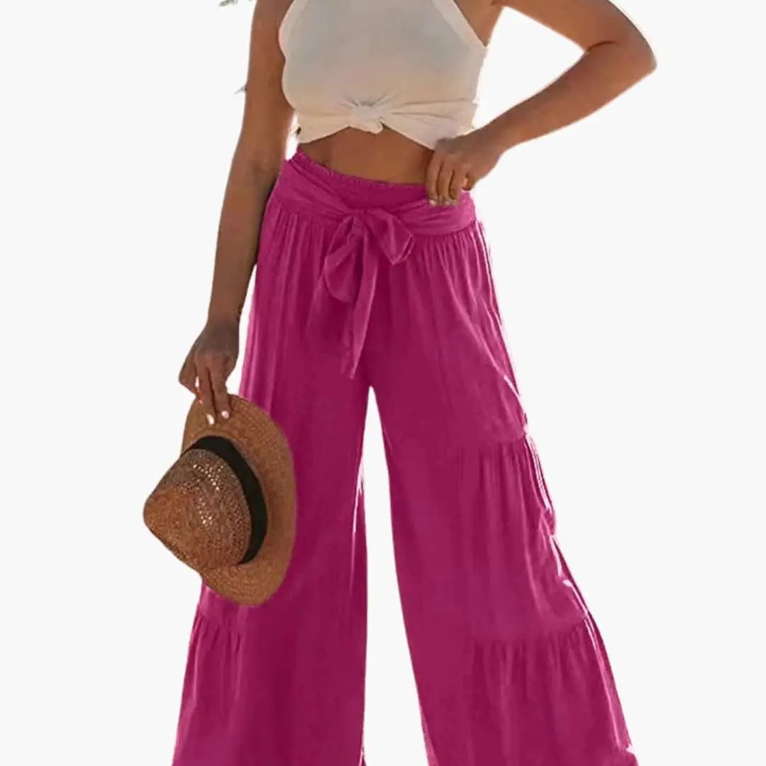 Women's Palazzo Pants with Elastic Waistband and Tie Belt in magenta pink, wide-leg