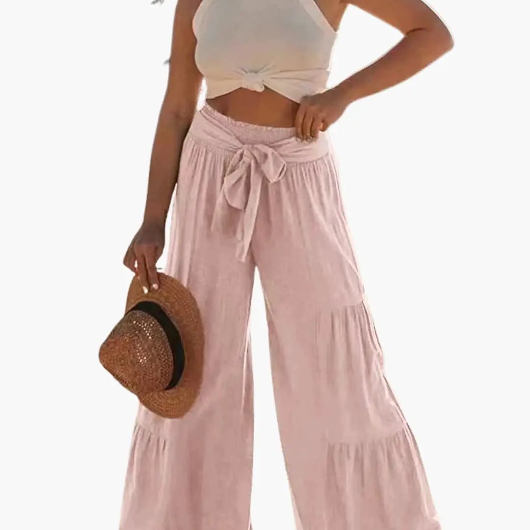 Women's Palazzo Pants with Elastic Waistband and Tie Belt in pink, wide-leg trousers.