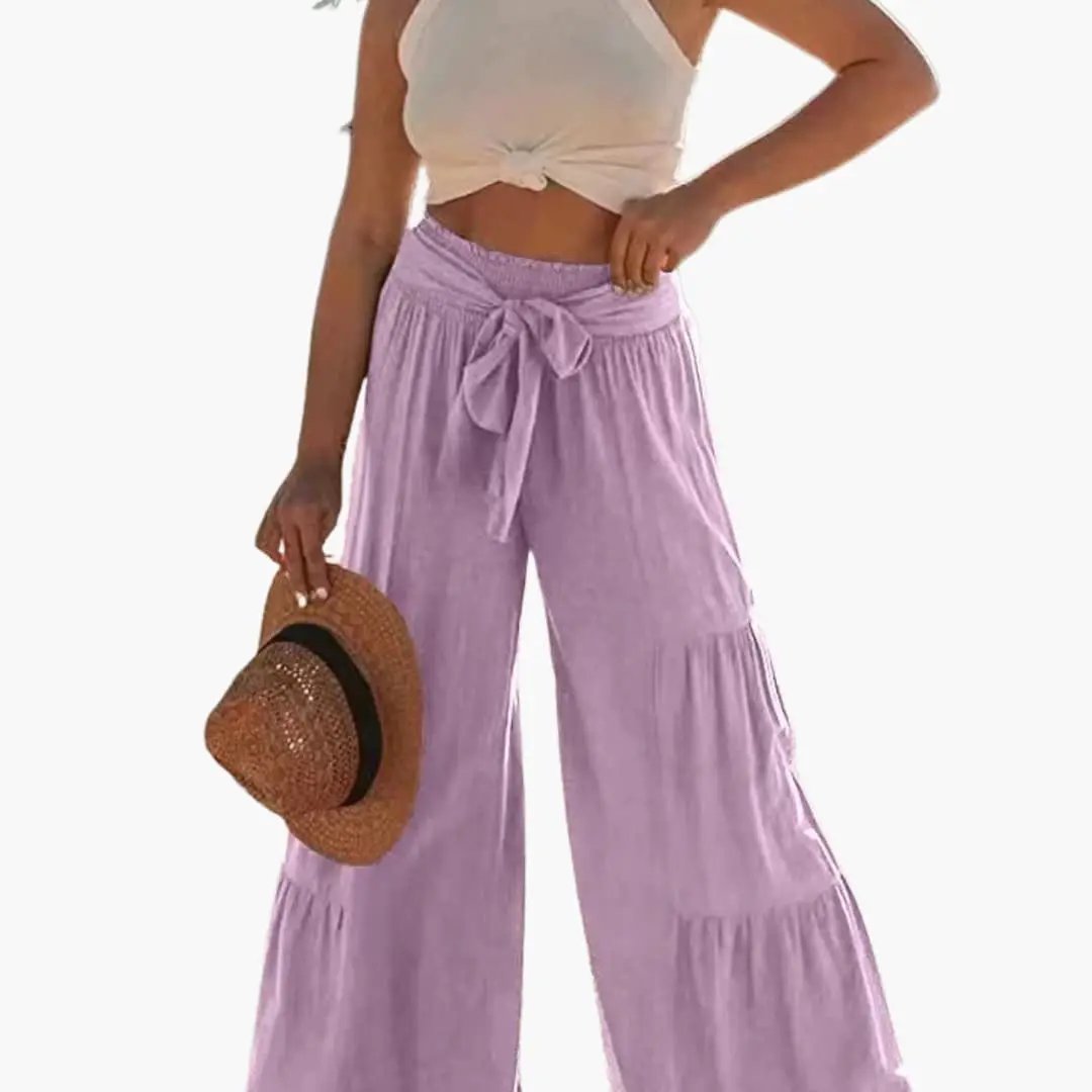 Women’s lavender palazzo pants with elastic waistband and tie belt, wide-leg style