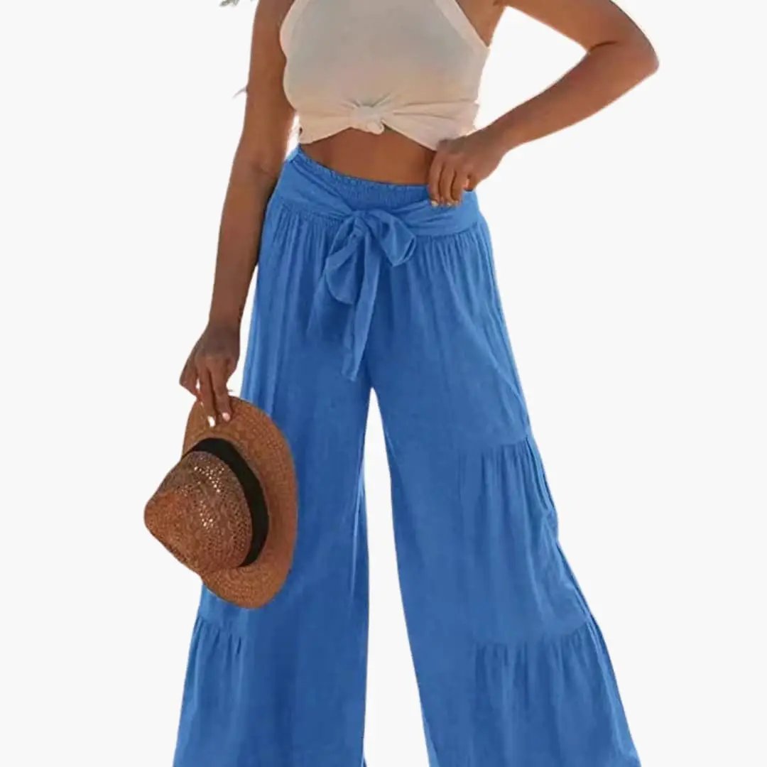 Women's Palazzo Pants with elastic waistband and tie belt in blue, wide-leg trousers.