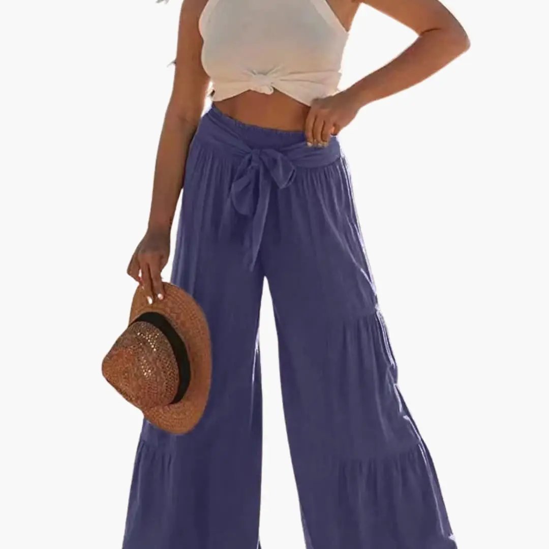 Women's Palazzo Pants with Elastic Waistband and Tie Belt in blue, wide-leg trousers.