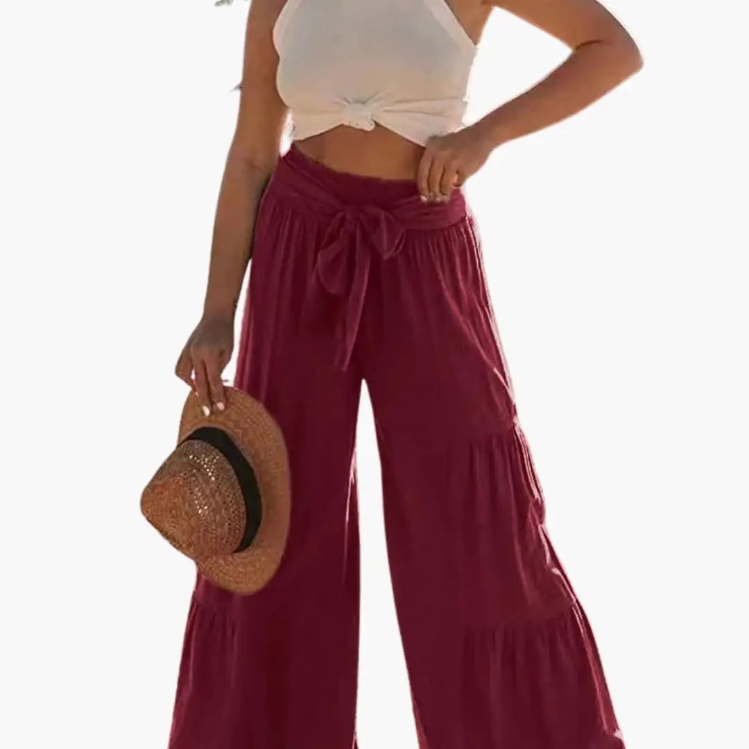 Women’s Palazzo pants with elastic waistband and tie belt in burgundy, wide-leg trousers.