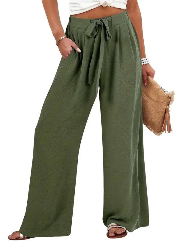Women's palazzo pants with tie waist in olive green, wide-leg trousers by Wilfred Smith