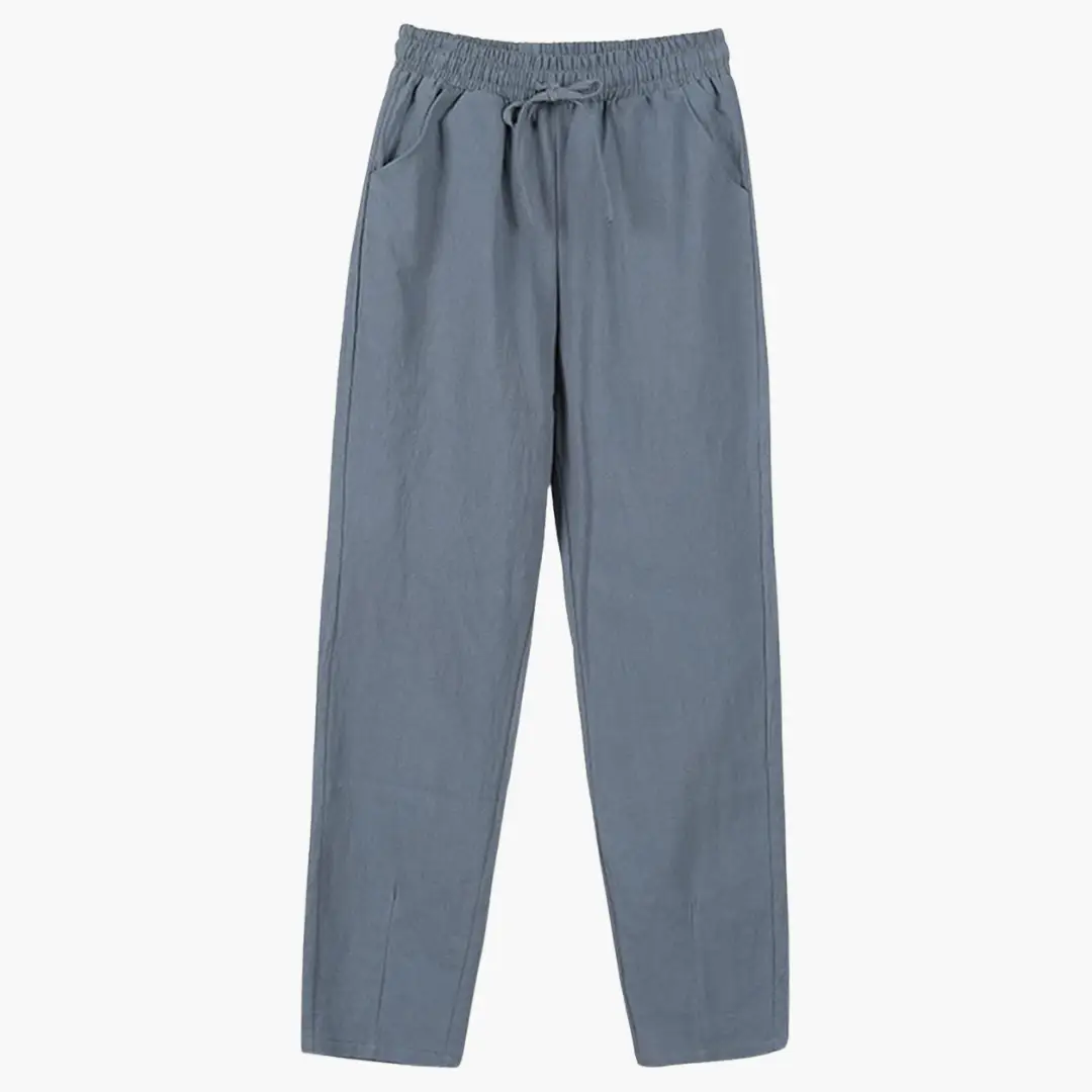 Women’s pants by Wilfred Smith with drawstring waist, light blue trousers, rolled hem