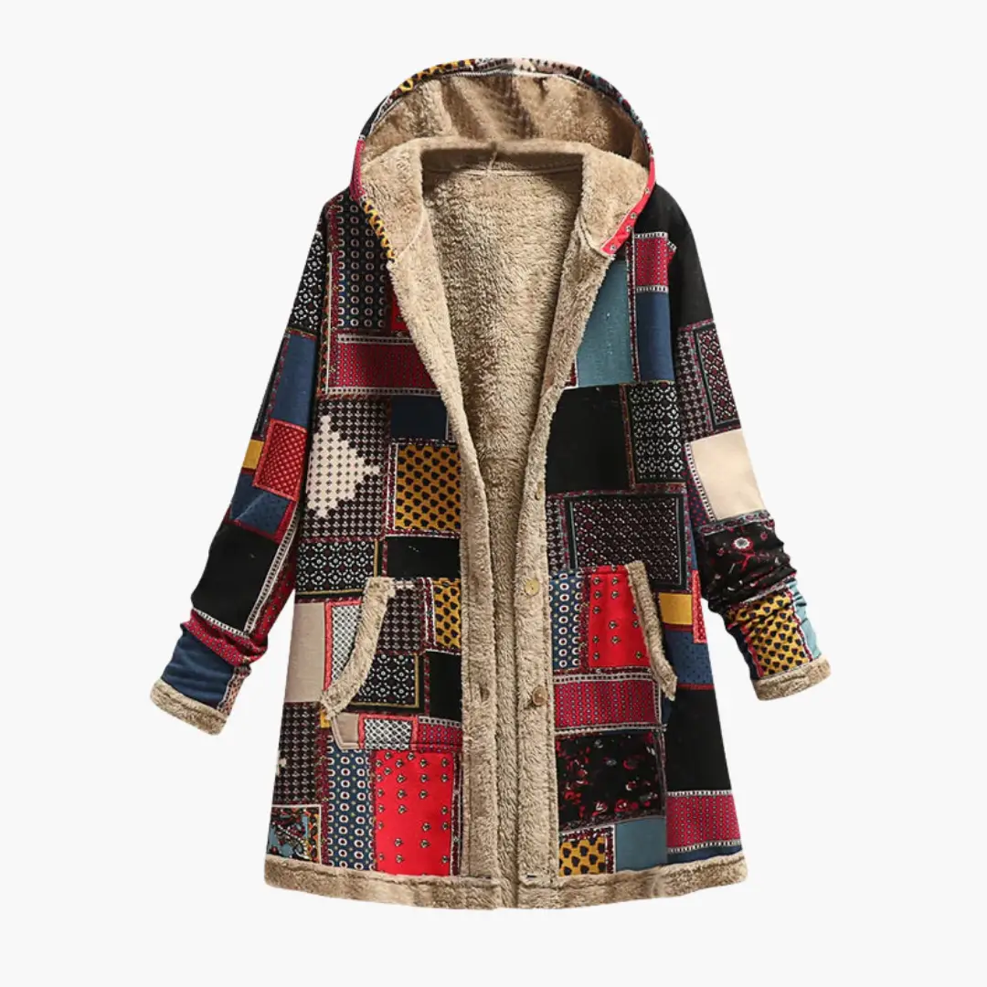 Women’s patchwork overcoat with soft sherpa lining and hood by Wilfred Smith