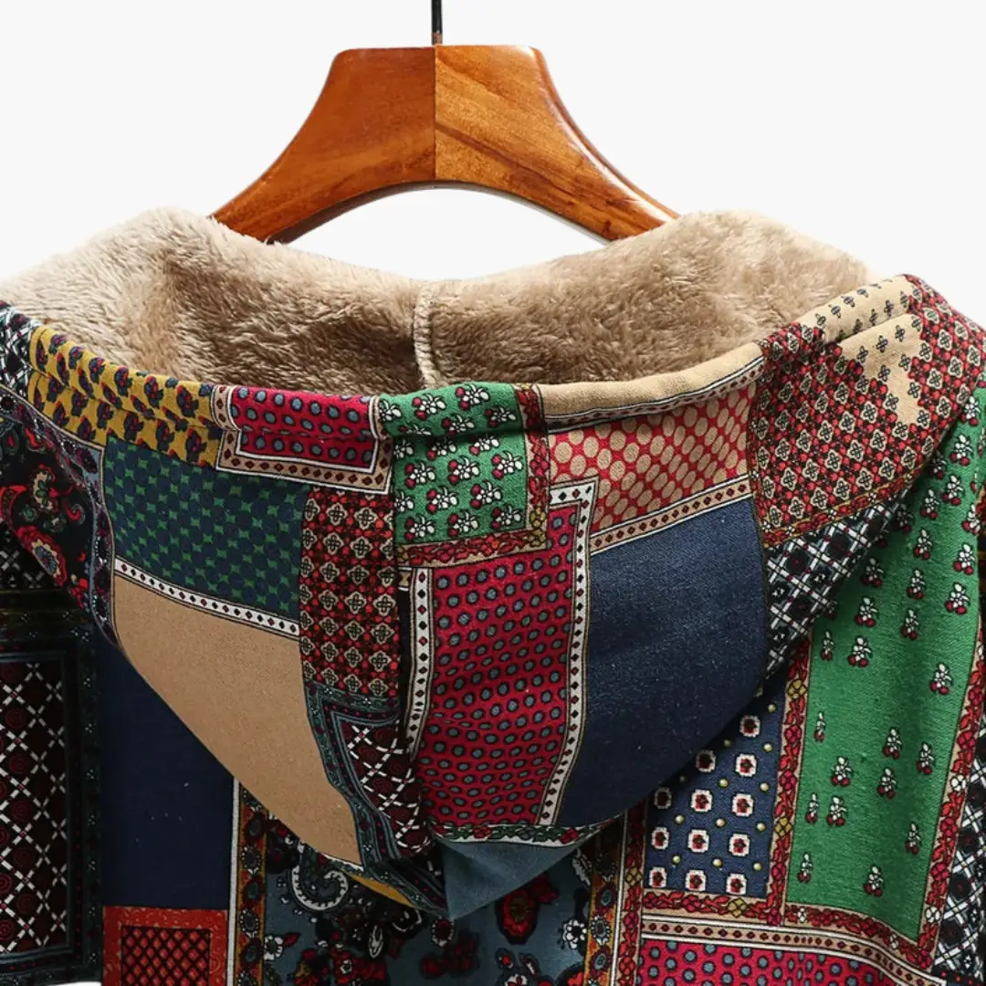 Women's patchwork overcoat with hood; colorful panels and soft fuzzy lining