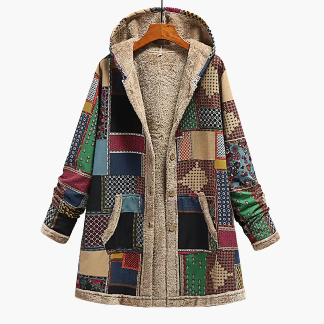 Women’s Patchwork Overcoat with Hood and Plush Lining by Wilfred Smith, multicolor patches