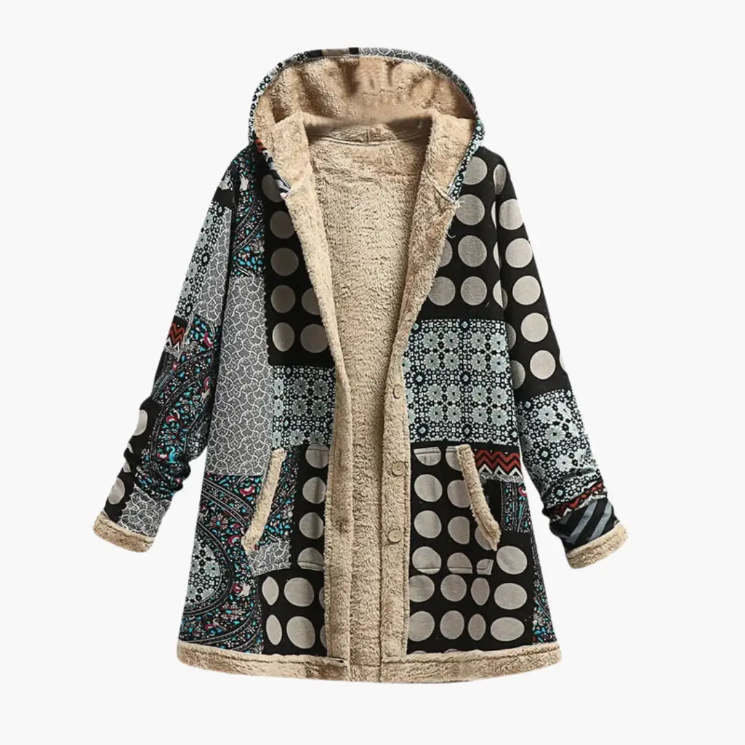 Women's patchwork overcoat with soft sherpa lining and hood, in mixed prints