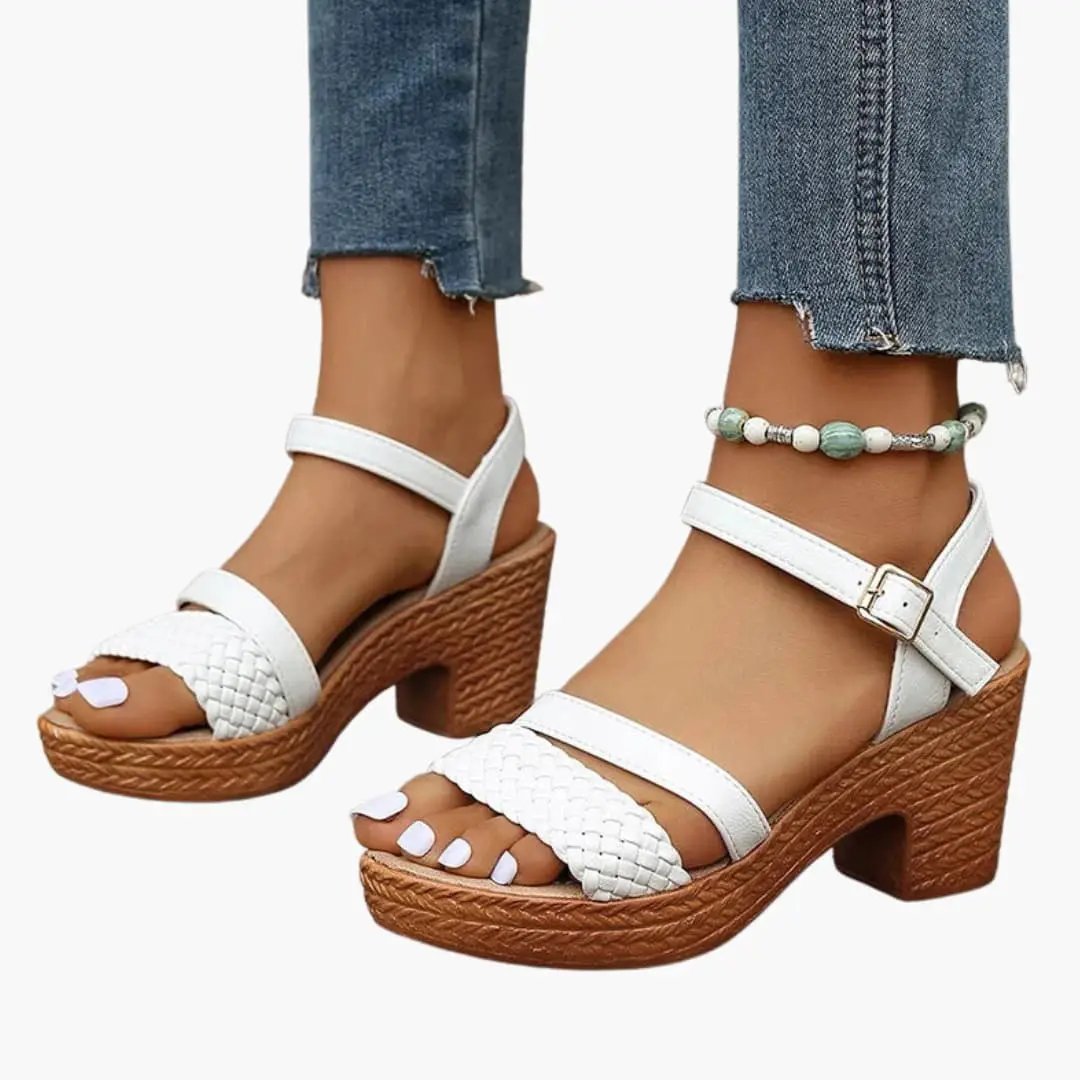 Women's platform sandals with white woven front strap, ankle strap, and brown rope-wrapped heel
