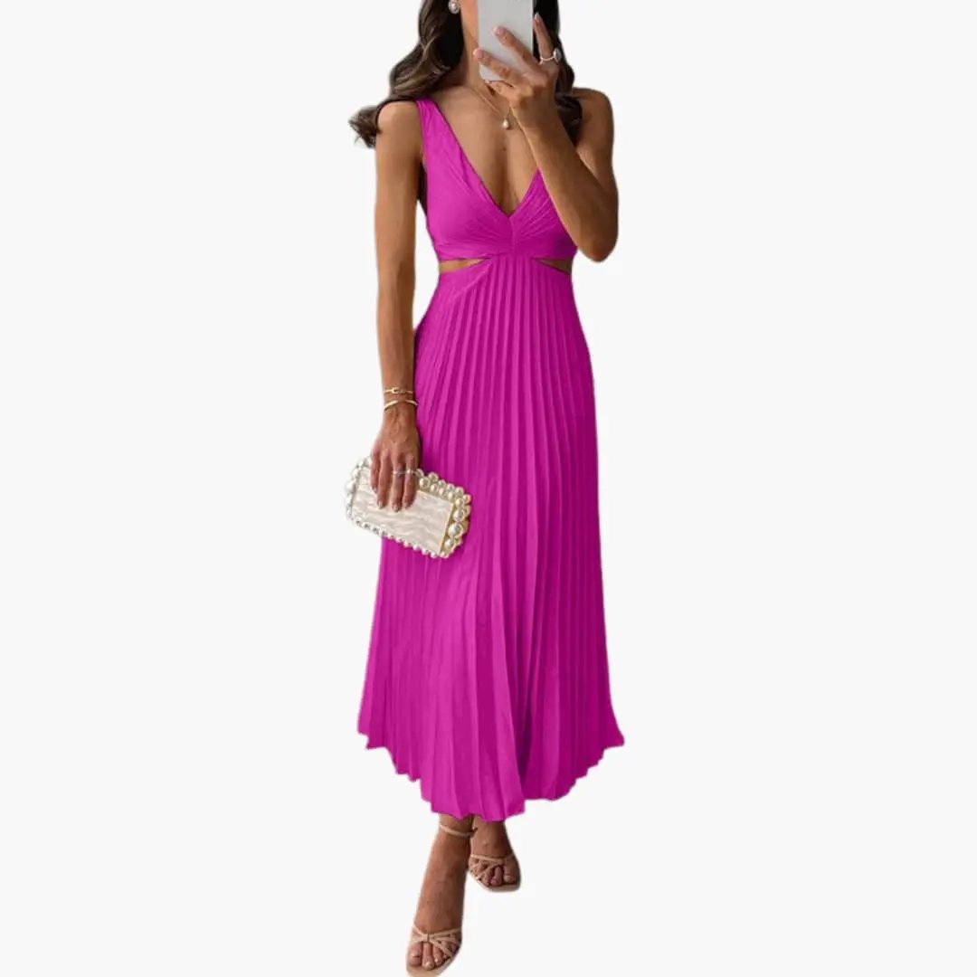 Women’s pleated satin dress, magenta, midi length with round neckline