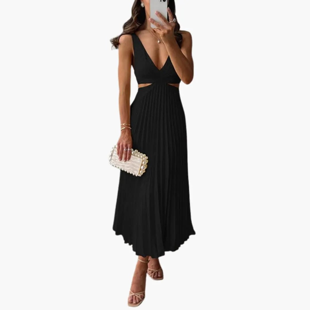Women’s Pleated Satin Dress by Wilfred Smith, black with round neckline and pleated midi skirt