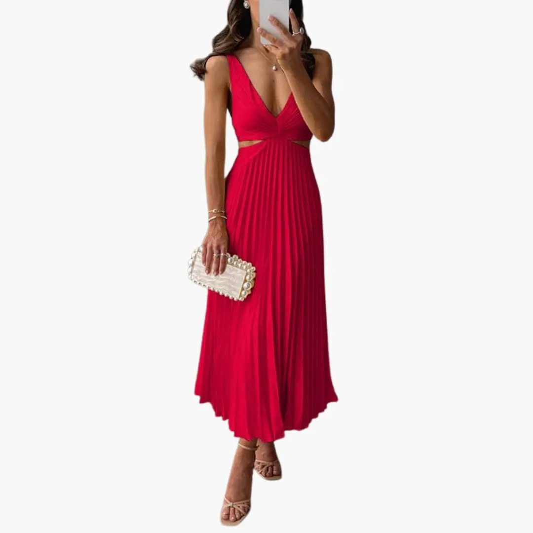 Women’s Pleated Satin Dress by Wilfred Smith in red with round neckline and pleated midi skirt.
