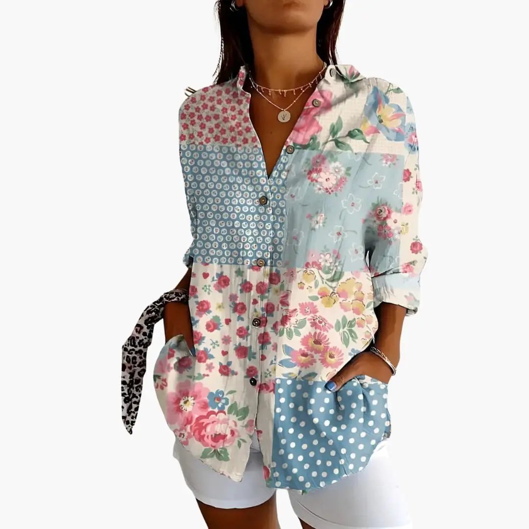 Women’s Printed Blouse by Wilfred Smith, patchwork floral and polka-dot print, short sleeves, loose fit