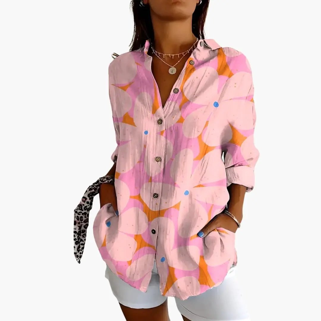 Women's Printed Blouse with pink abstract floral print, loose-fit