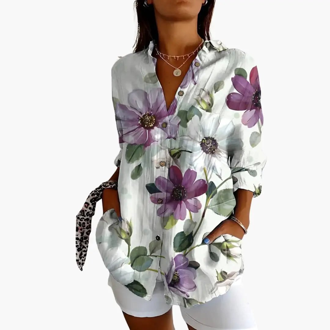 Women’s Printed Blouse by Wilfred Smith, floral purple-white print, loose-fit button-down with rolled sleeves
