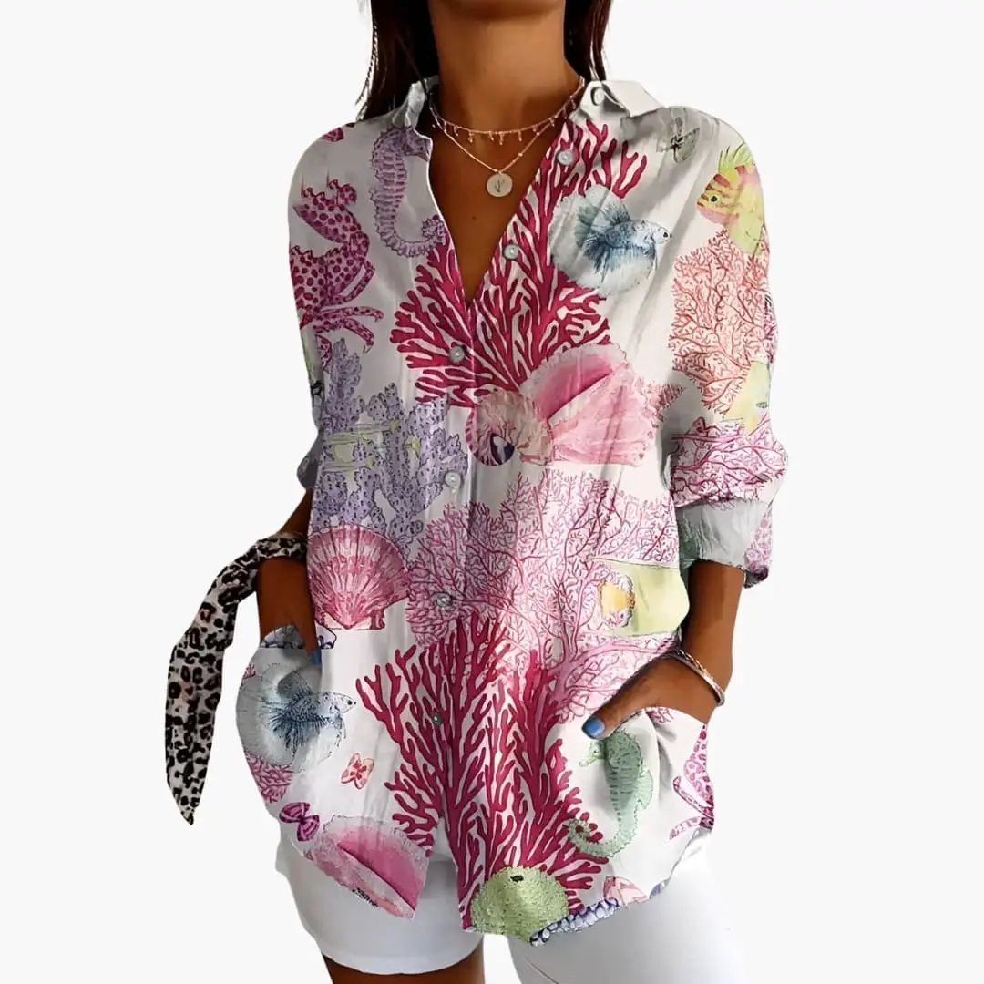 Women’s Printed Blouse, short sleeve, button-front, loose fit with pink coral reef print