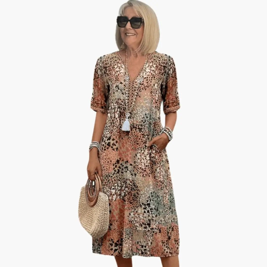 Women’s Printed V-neck Midi Dress with Short Sleeves and Loose Fit in warm earthy tones