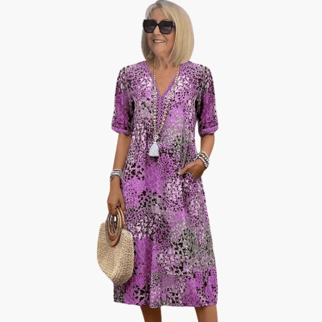 Women’s Printed V-Neck Midi Dress with Short Sleeves, purple floral print, loose fit
